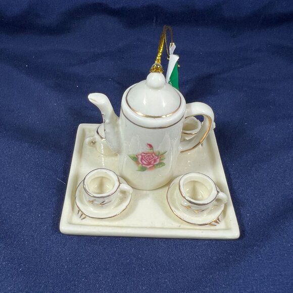 Miniature Ceramic Tea Set Ornament By Kurt S. Adler With Rose Design & Tray - Picture 2 of 3